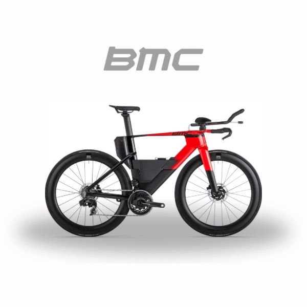 BMC Speedmachine 01 Deux Vélo de Triathlon Sram Force eTap AXS 12S 700 mm Rouge Néon Noir Carbone